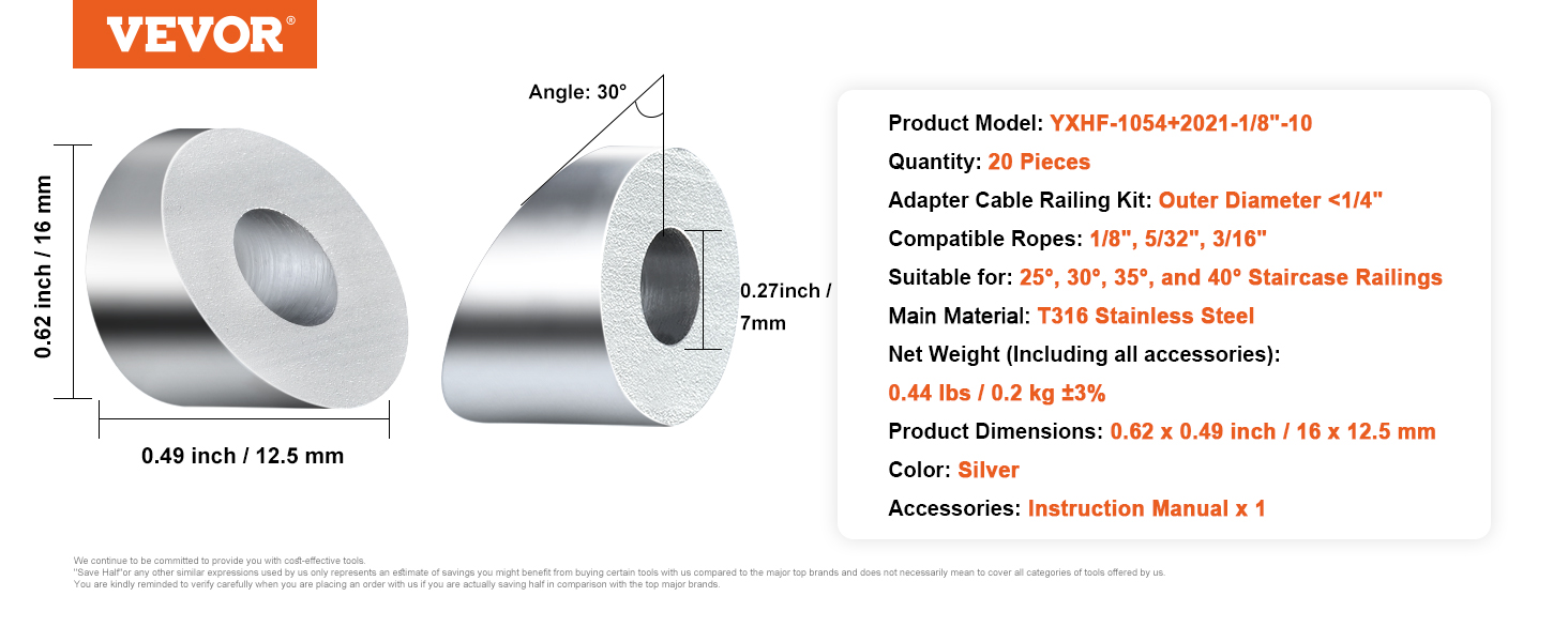 VEVOR cable railing kit, 20 pieces, t316 stainless steel, 0.62 x 0.49 inch, suitable for various angles.
