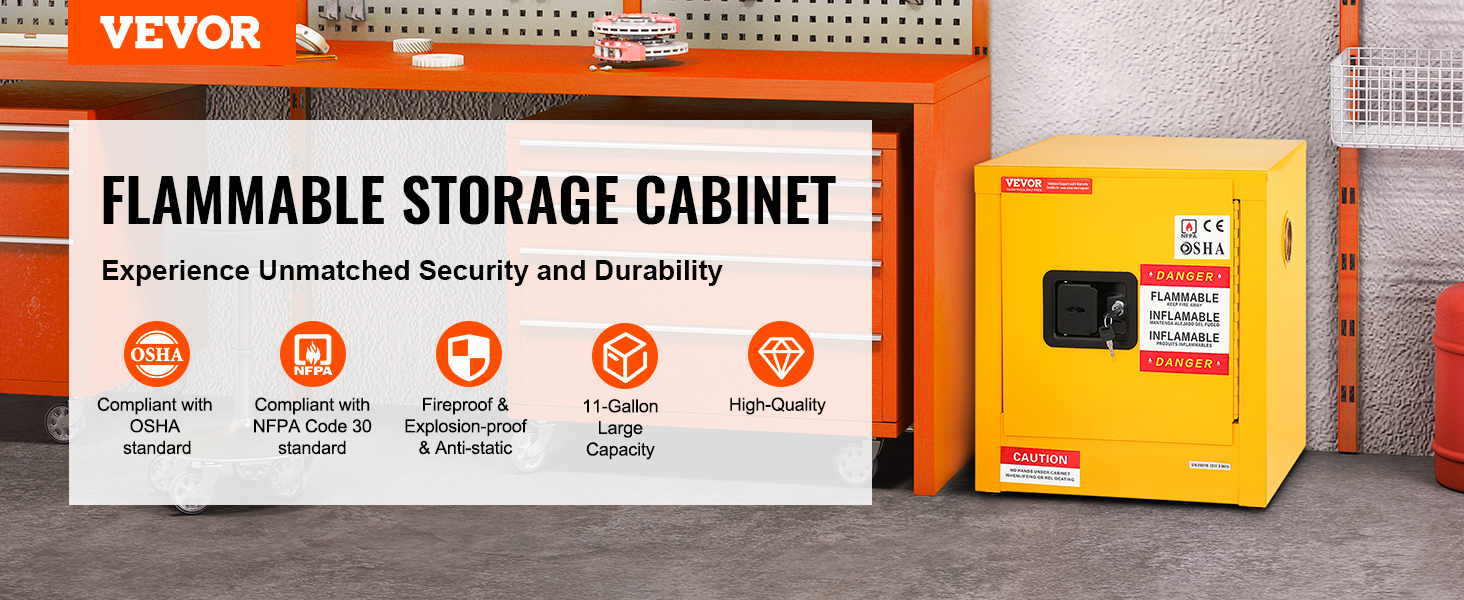 VEVOR flammable cabinet in workshop, showcasing osha and nfpa compliance and large capacity.