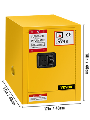 yellow VEVOR flammable cabinet with safety labels, measuring 17in x 18in x 17in.