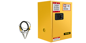 yellow VEVOR flammable cabinet with rohs, ce labels and grounding wire clips.