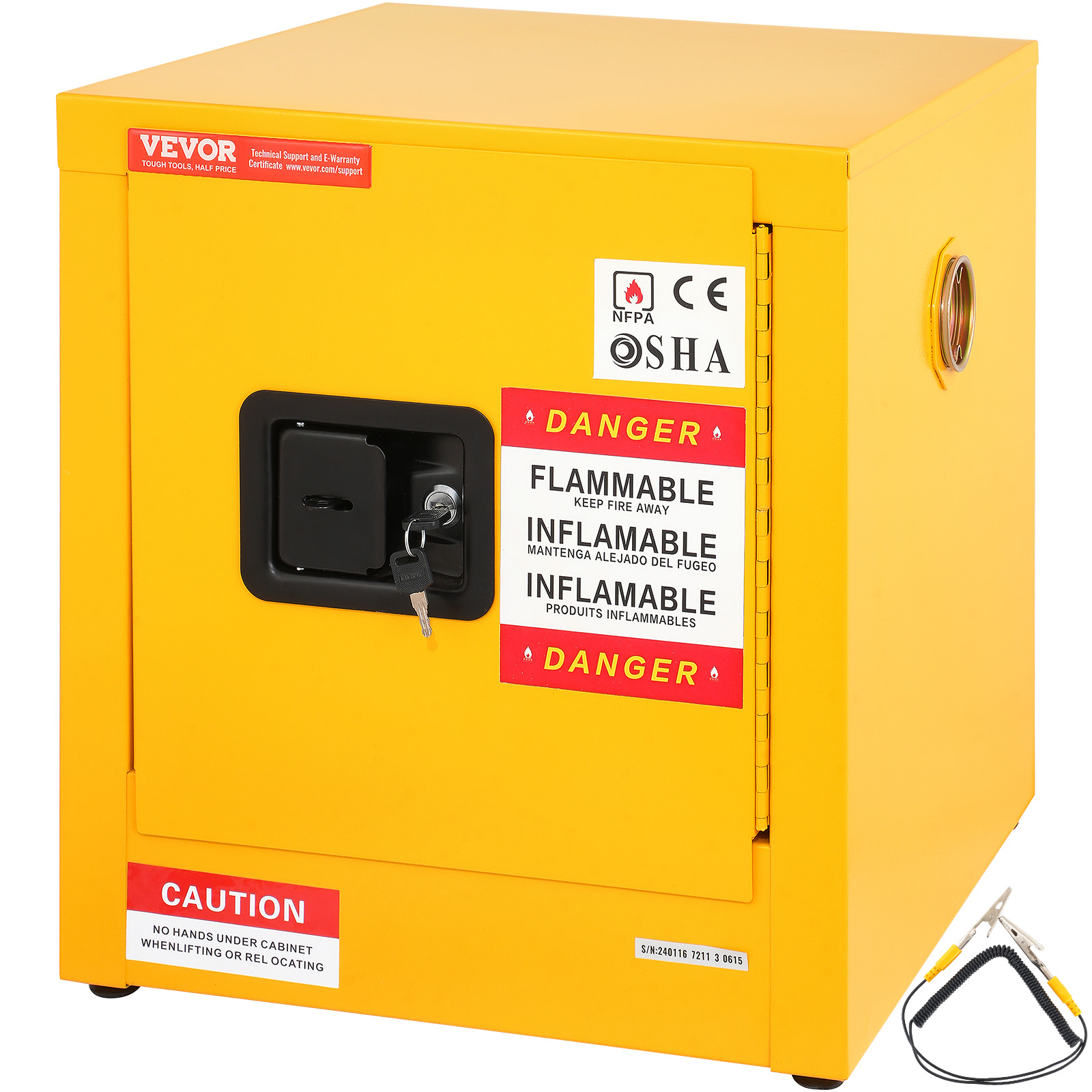 yellow VEVOR flammable cabinet with warning labels, secure lock, and keyring.