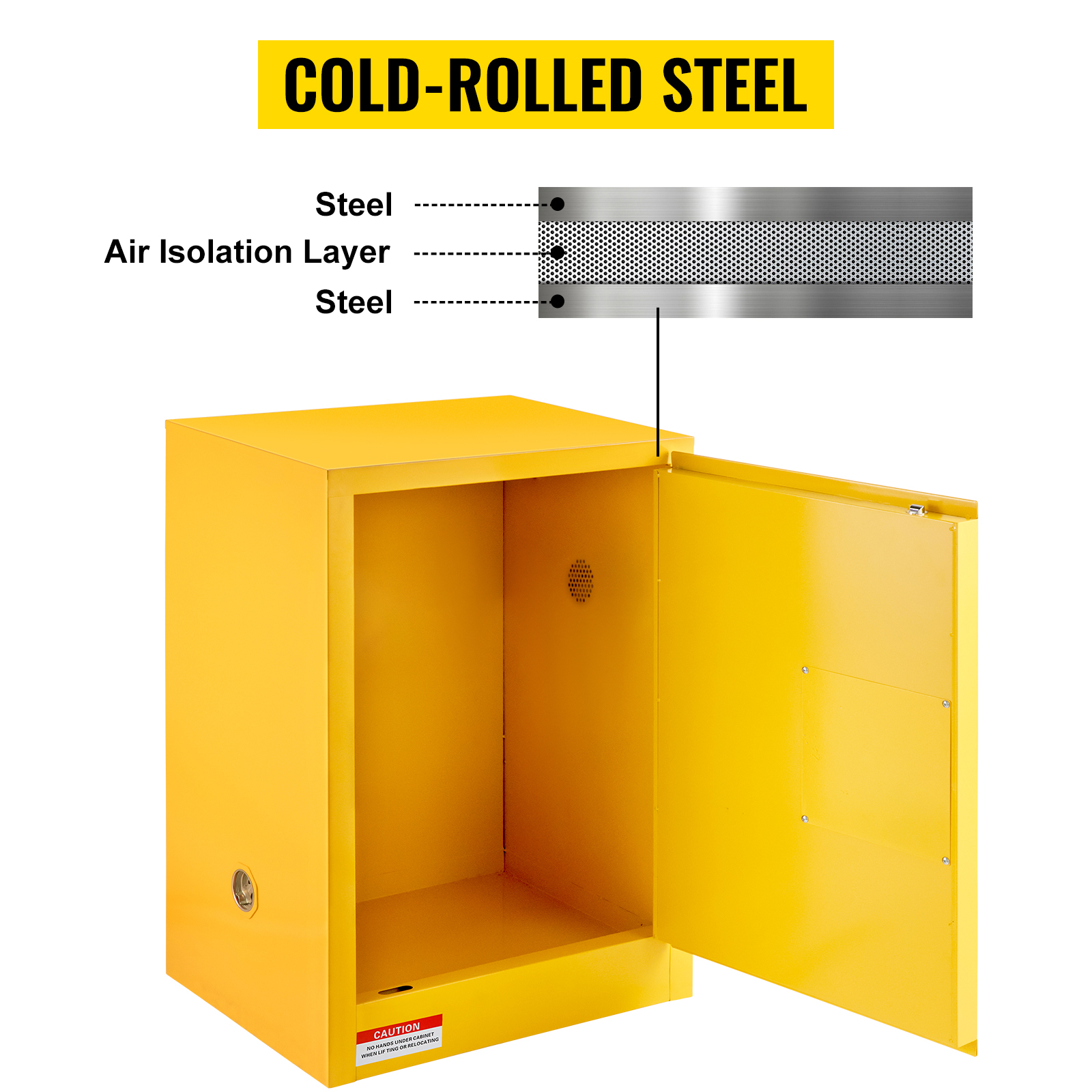 yellow VEVOR flammable cabinet open, displaying cold-rolled steel construction.