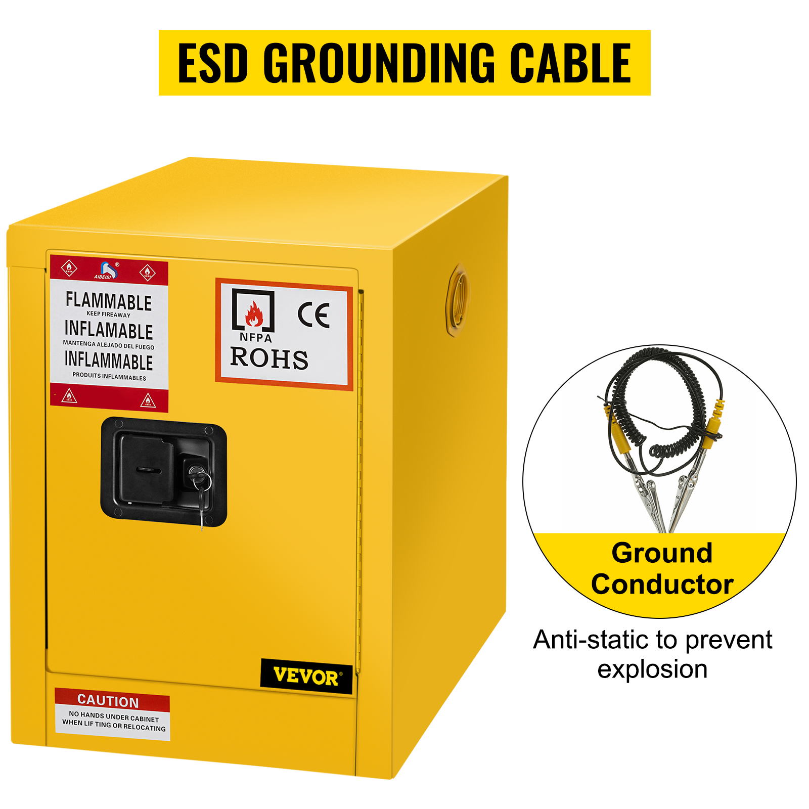 yellow VEVOR flammable cabinet with esd grounding cable and safety labels.