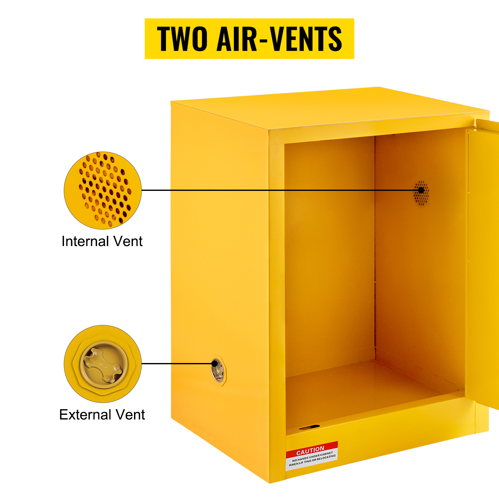 yellow VEVOR flammable cabinet with two air vents, internal and external.