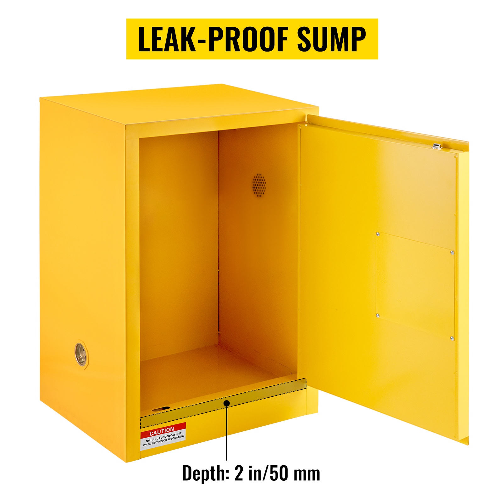 VEVOR flammable cabinet with open door and leak-proof sump, depth: 2 in./50 mm.