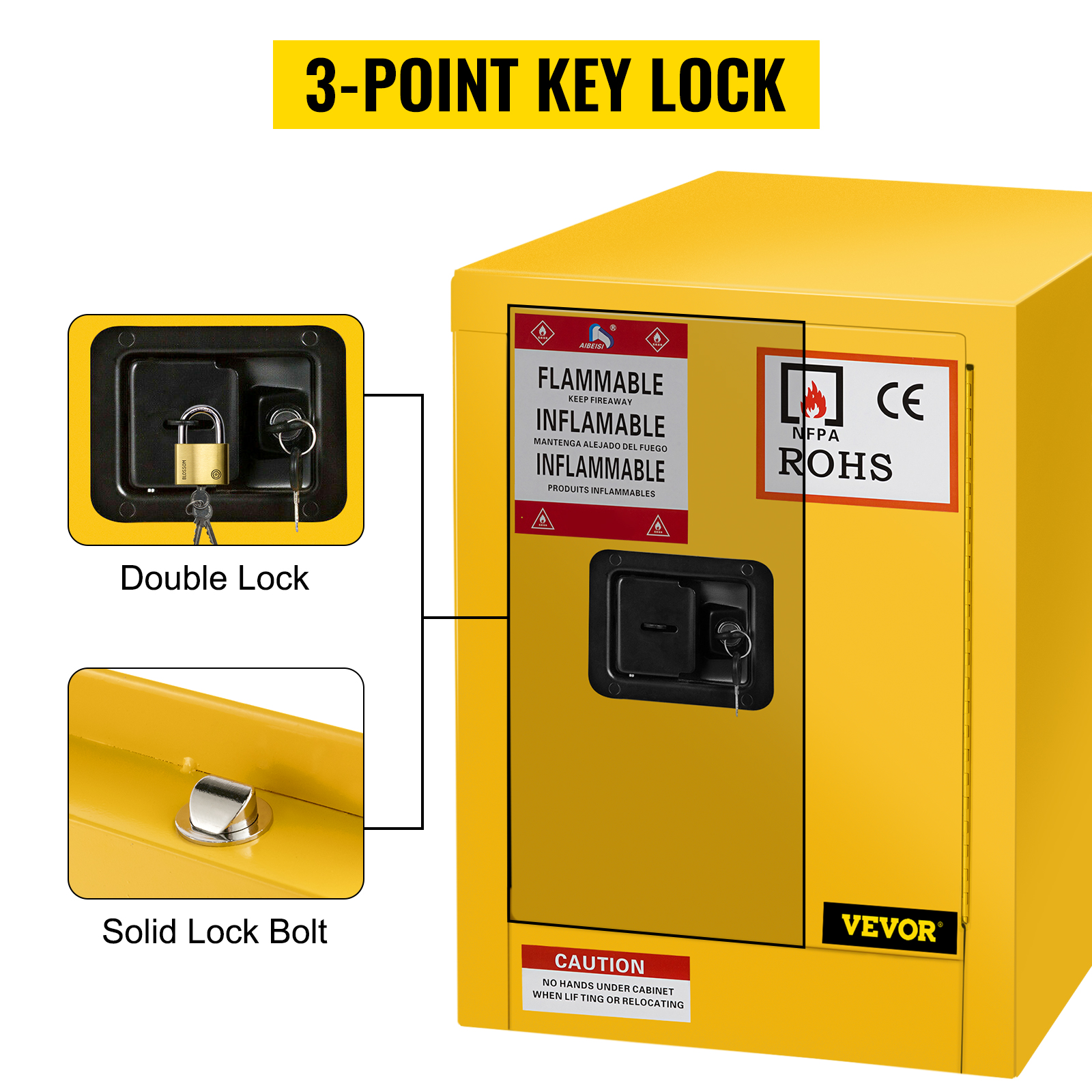 yellow VEVOR flammable cabinet with 3-point key lock and solid lock bolt.