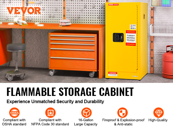VEVOR flammable storage cabinet in a workshop with orange drawers and tools on the wall.