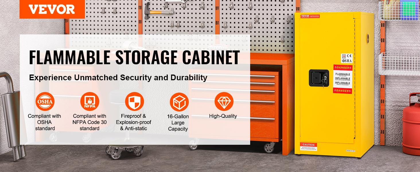 VEVOR flammable storage cabinet in a workshop with orange drawers and tools on the wall.