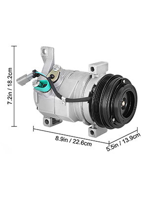 VEVOR ac compressor for chevy, dimensions: 7.2in x 8.9in x 5.5in, silver and black.