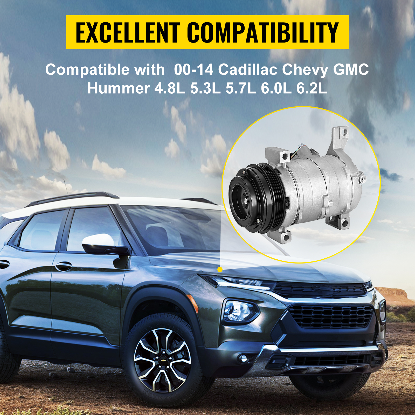 VEVOR ac compressor for chevy with chevy suv and compatibility text against sky background.