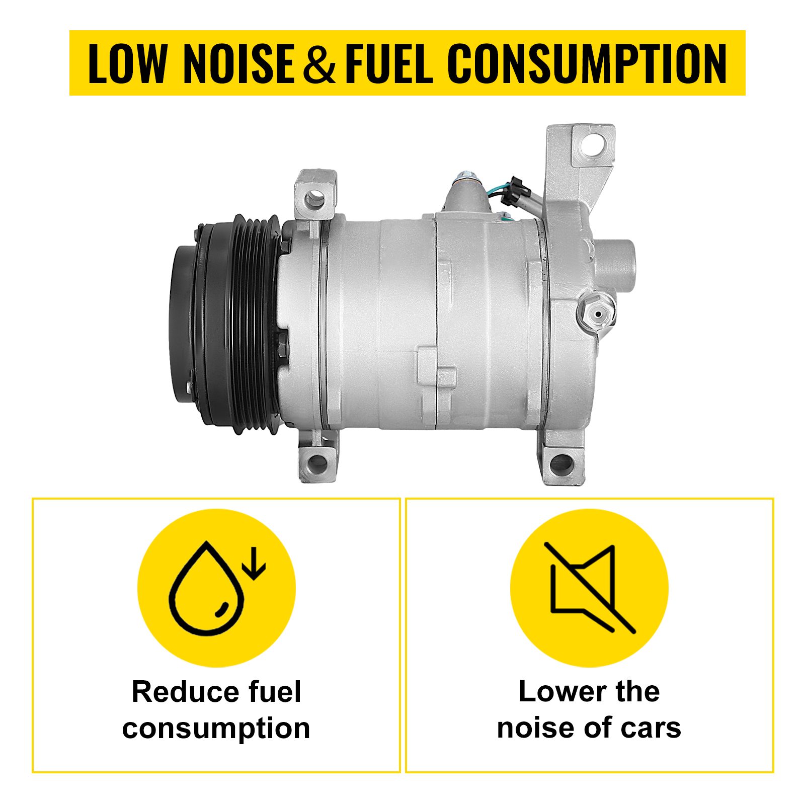 VEVOR ac compressor for chevy, low noise and fuel consumption benefits.