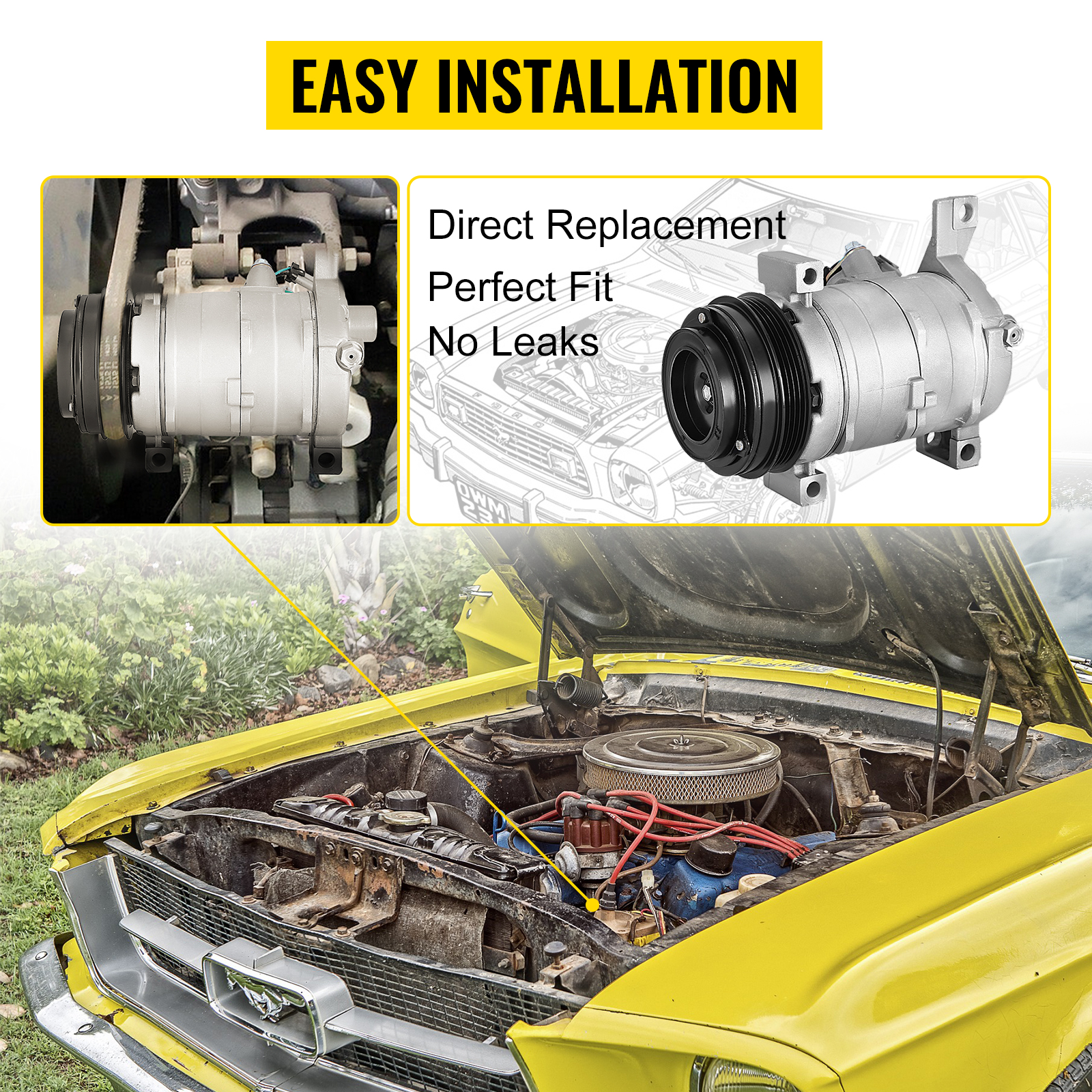 VEVOR ac compressor for chevy with easy installation, direct replacement, and no leaks.