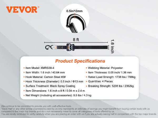 VEVOR ratchet tie down straps, 1.6in width, 8ft length, carbon steel hook, 1738lbs load strength.