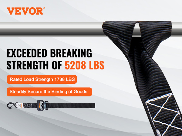 VEVOR ratchet tie down straps with 5208 lbs breaking strength and 1738 lbs rated load strength.