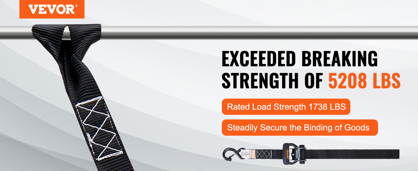 VEVOR ratchet tie down straps with 5208 lbs breaking strength and 1738 lbs rated load strength.