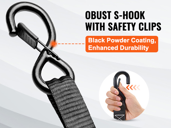 close-up of VEVOR ratchet tie down straps featuring secure s-hook with safety clips and black powder coating.