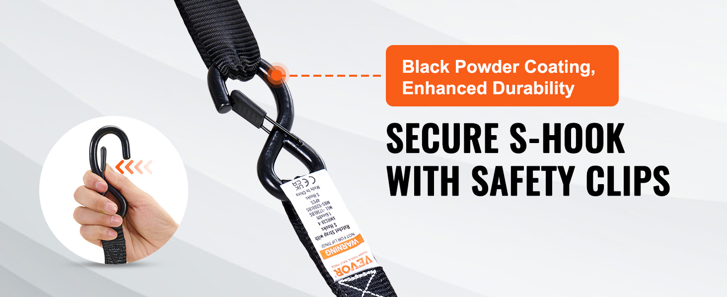 close-up of VEVOR ratchet tie down straps featuring secure s-hook with safety clips and black powder coating.