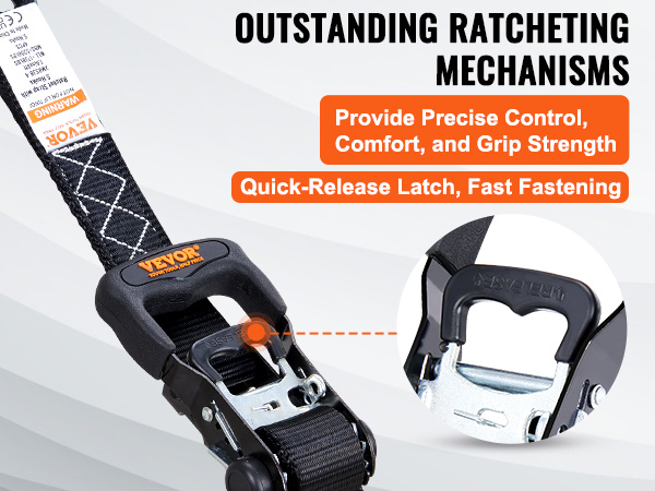 VEVOR ratchet tie down straps with quick-release latch, precise control, comfort, and grip strength.