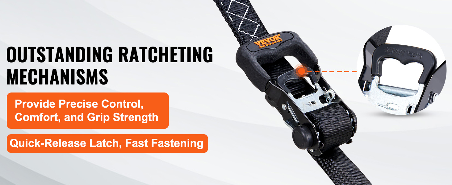 VEVOR ratchet tie down straps with quick-release latch, precise control, comfort, and grip strength.