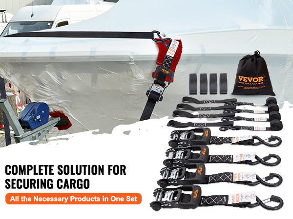 VEVOR ratchet tie down straps securing cargo, complete set with bag and additional straps.