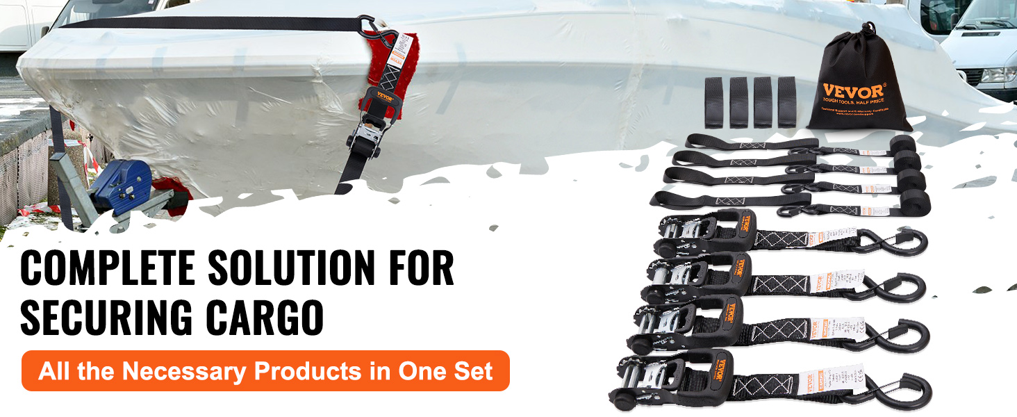 VEVOR ratchet tie down straps securing cargo, complete set with bag and additional straps.