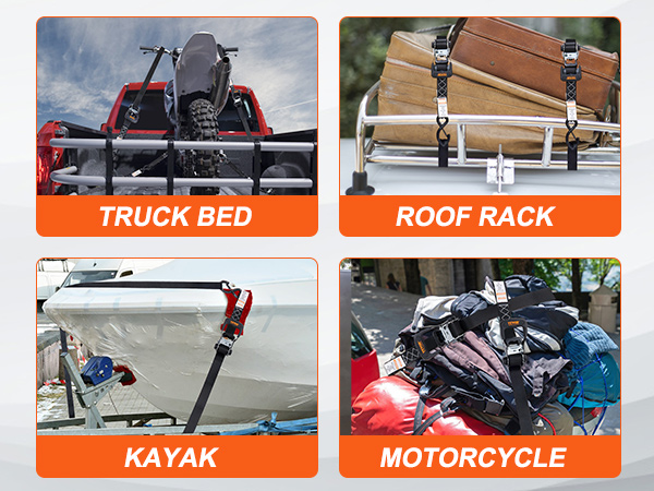 VEVOR ratchet tie down straps securing loads on a truck bed, roof rack, kayak, and motorcycle.