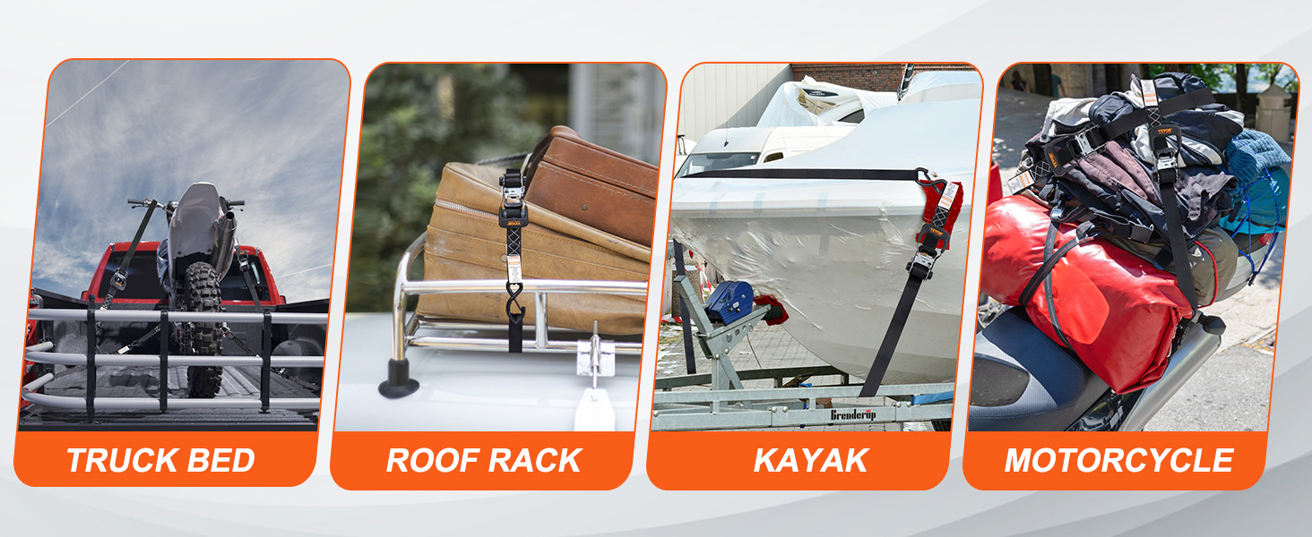 VEVOR ratchet tie down straps securing loads on a truck bed, roof rack, kayak, and motorcycle.