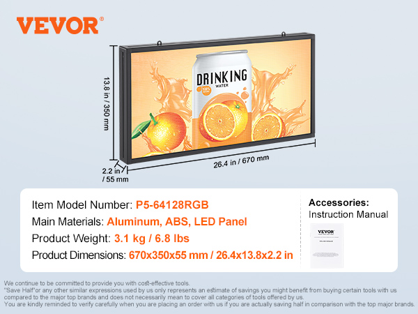 VEVOR programmable led sign, p5-64128rgb, aluminum and abs, 670x350x55 mm, 3.1 kg, instruction manual.