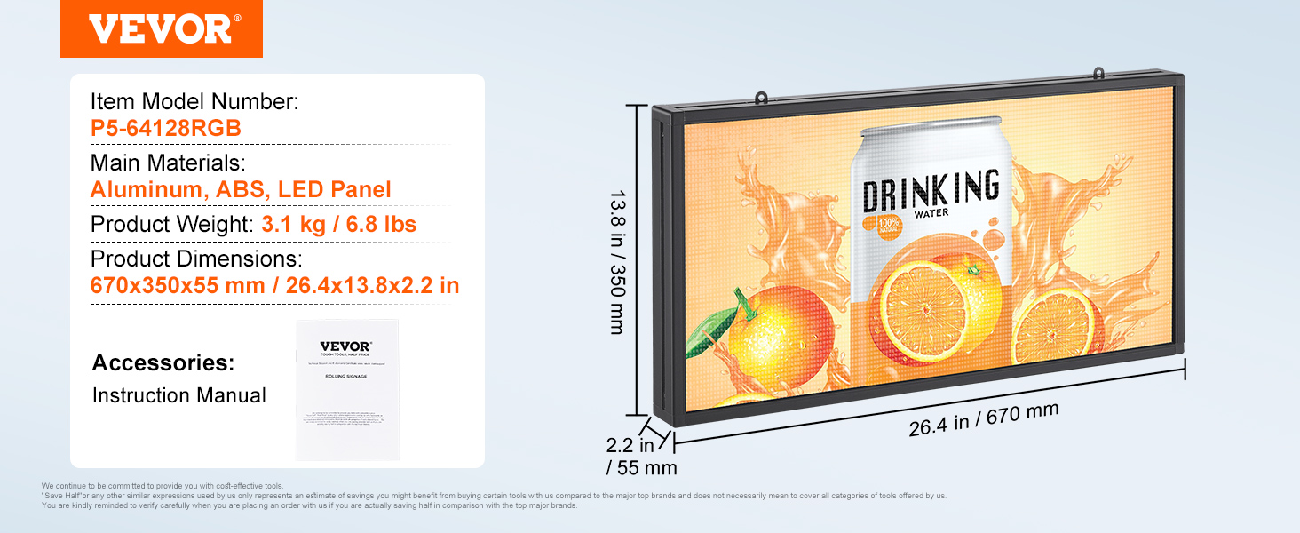 VEVOR programmable led sign, p5-64128rgb, aluminum and abs, 670x350x55 mm, 3.1 kg, instruction manual.