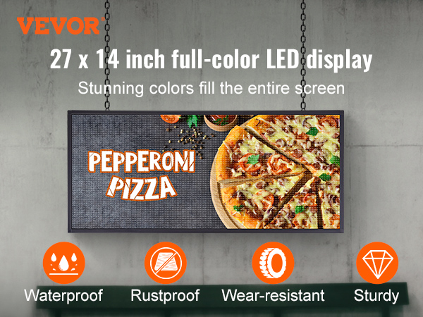VEVOR programmable led sign, 27x14 inch full-color display showcasing pepperoni pizza with vibrant colors. rustproof