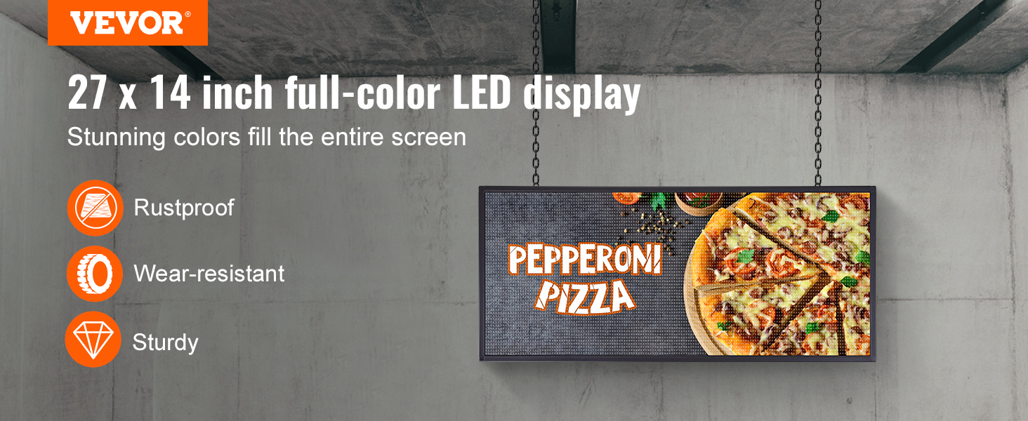 VEVOR programmable led sign, 27x14 inch full-color display showcasing pepperoni pizza with vibrant colors. rustproof