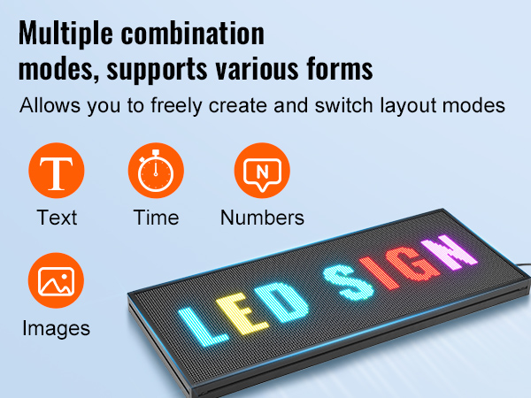 VEVOR programmable led sign showcasing text, time, images, and numbers options in vibrant colors.