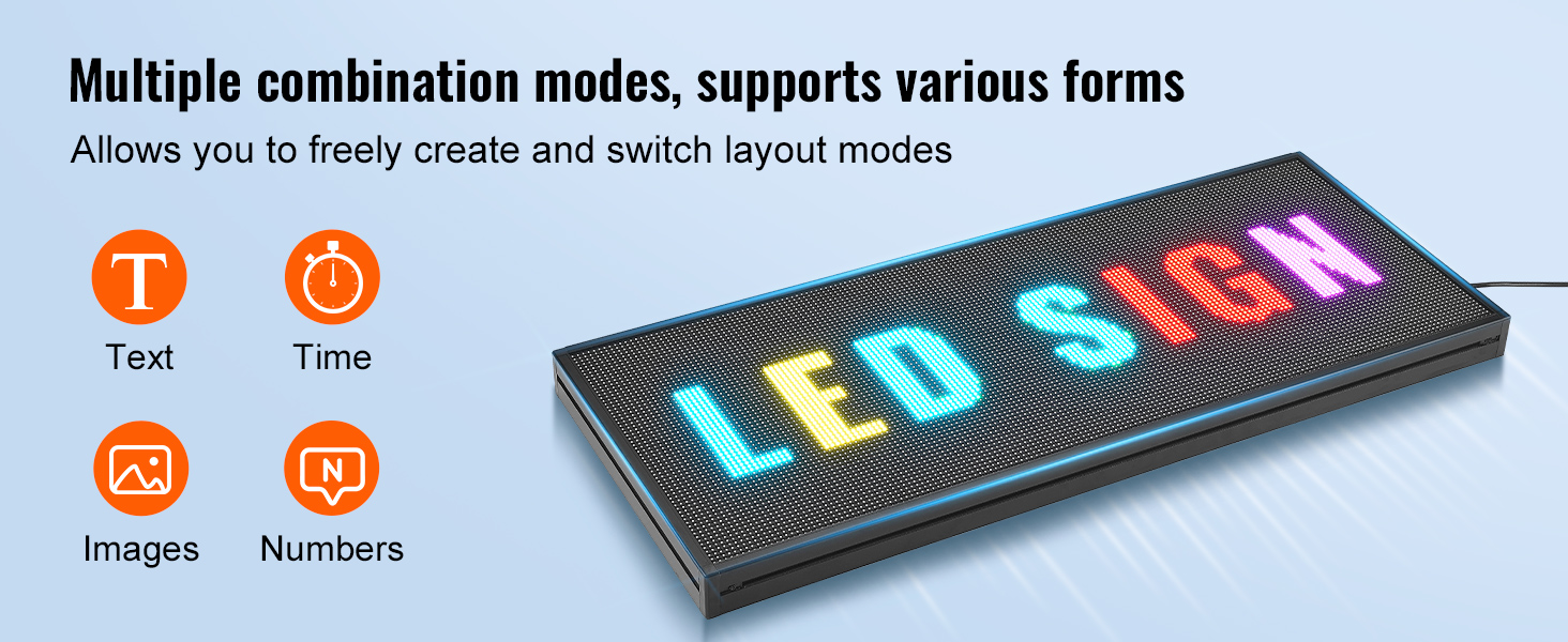 VEVOR programmable led sign showcasing text, time, images, and numbers options in vibrant colors.