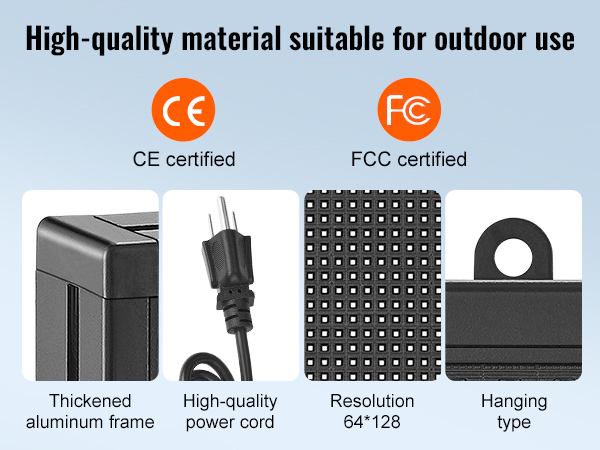 VEVOR programmable led sign with thickened aluminum frame, high-quality power cord, 64*128 resolution.