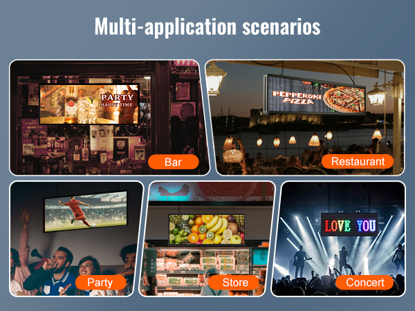multi-application scenarios for VEVOR programmable led sign in bar, restaurant, party, store, and concert.