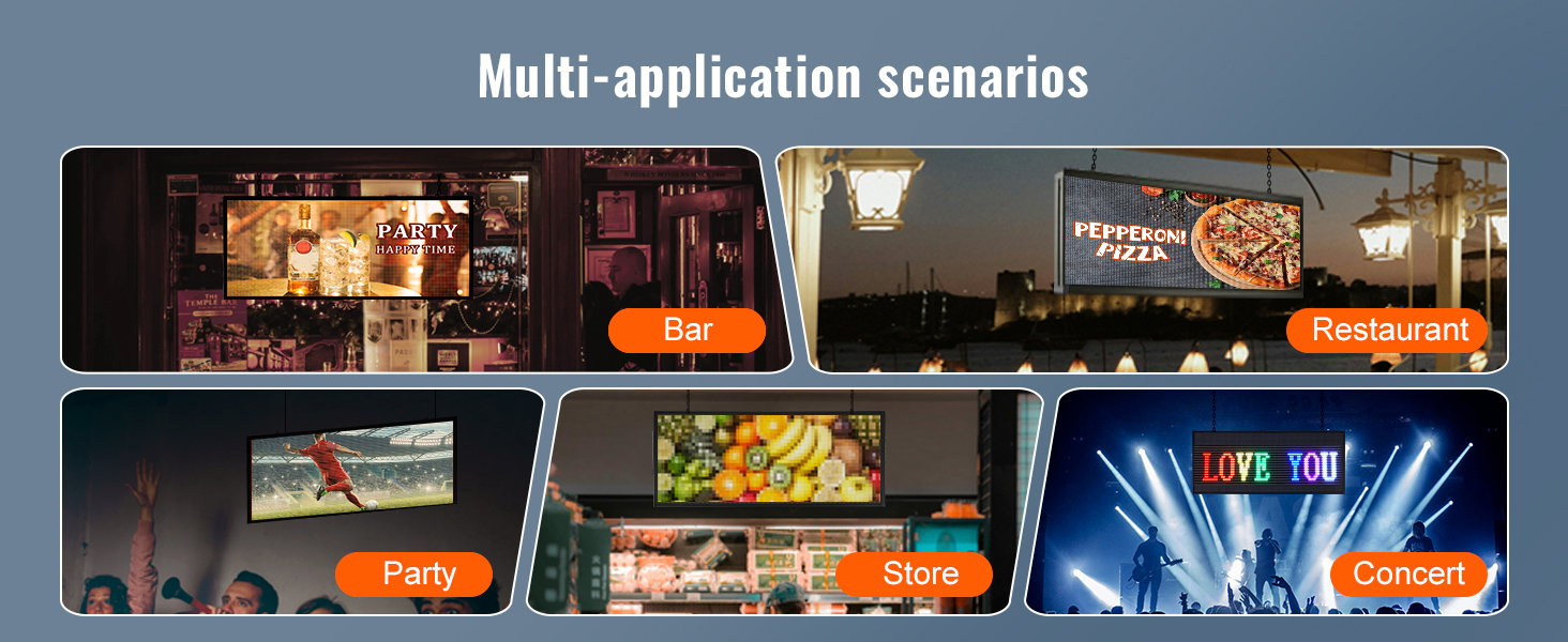 multi-application scenarios for VEVOR programmable led sign in bar, restaurant, party, store, and concert.
