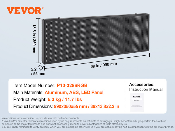 VEVOR programmable led sign, model p10-3296rgb, made of aluminum, abs, measures 990x350x55mm.