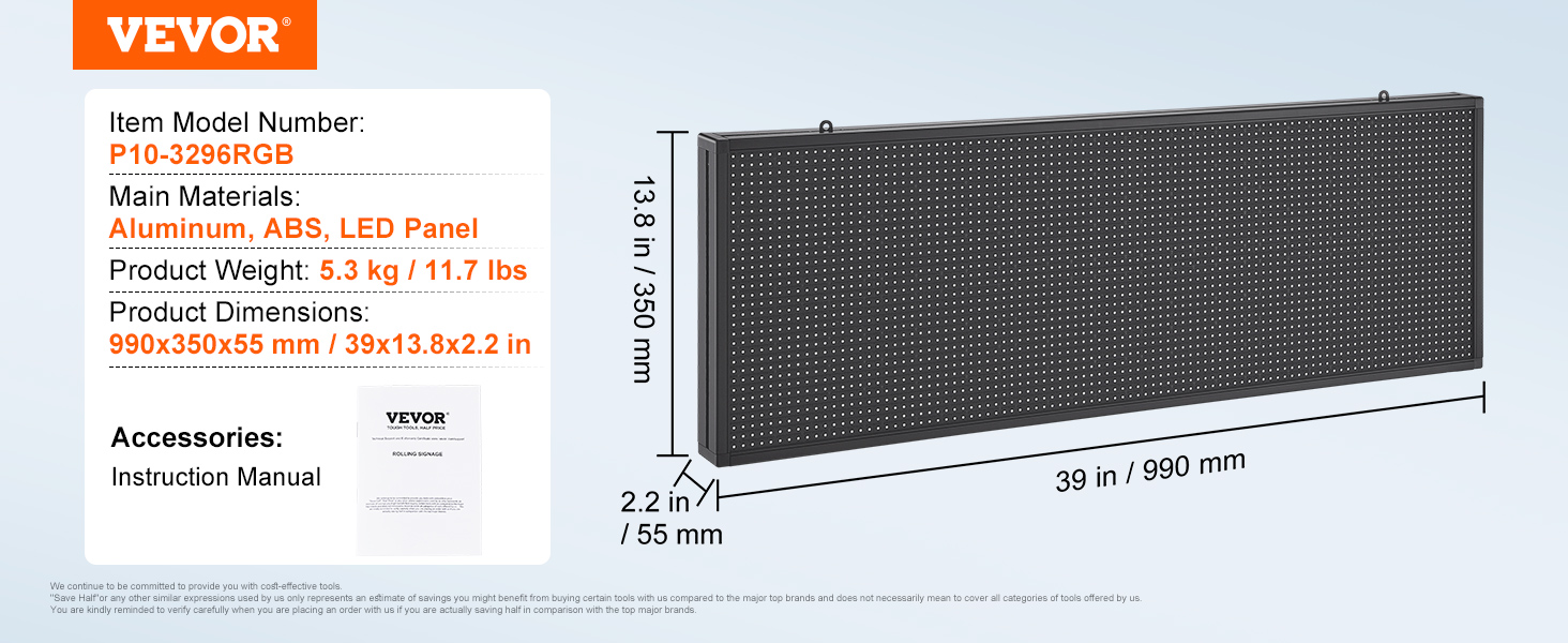 VEVOR programmable led sign, model p10-3296rgb, made of aluminum, abs, measures 990x350x55mm.