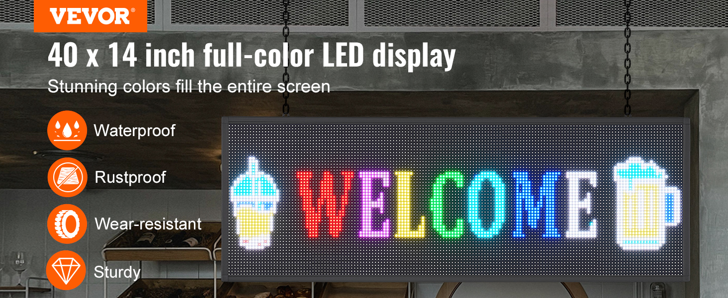 VEVOR programmable led sign, 40x14 inch, full-color display with "welcome" text. waterproof and sturdy.