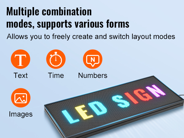 VEVOR programmable led sign displaying "led sign" in multicolor text with icons for text, time, images, and numbers.