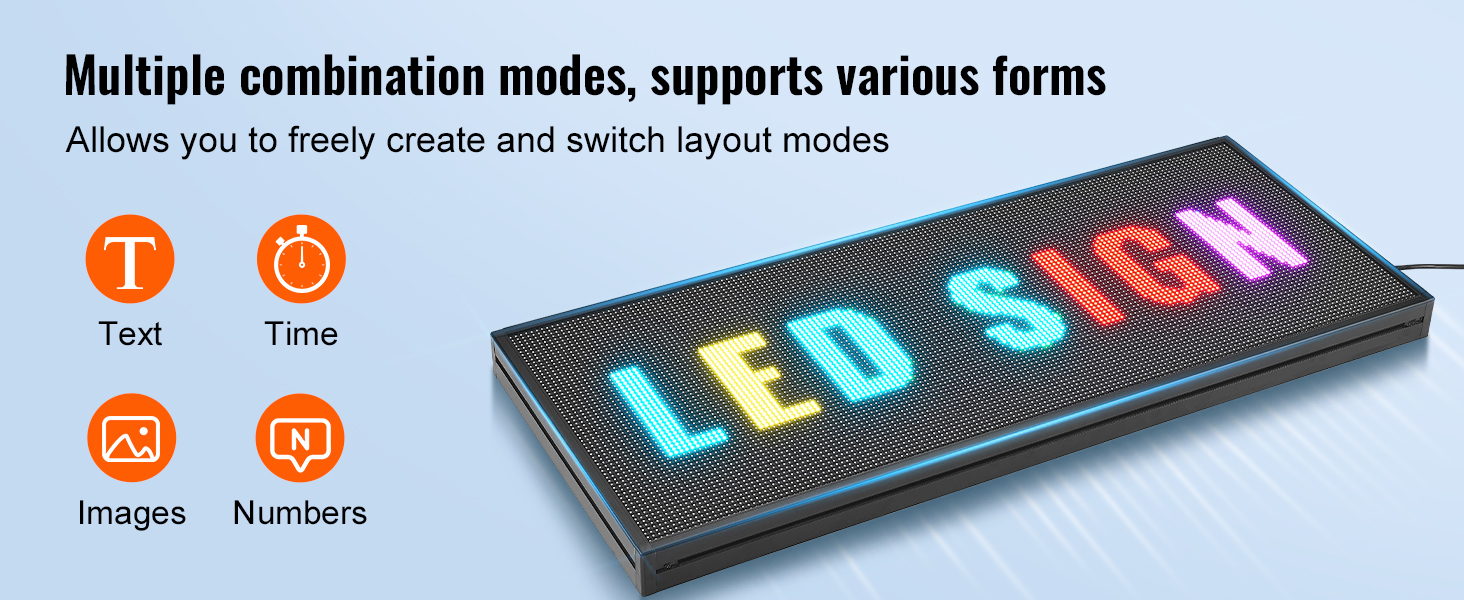 VEVOR programmable led sign displaying "led sign" in multicolor text with icons for text, time, images, and numbers.