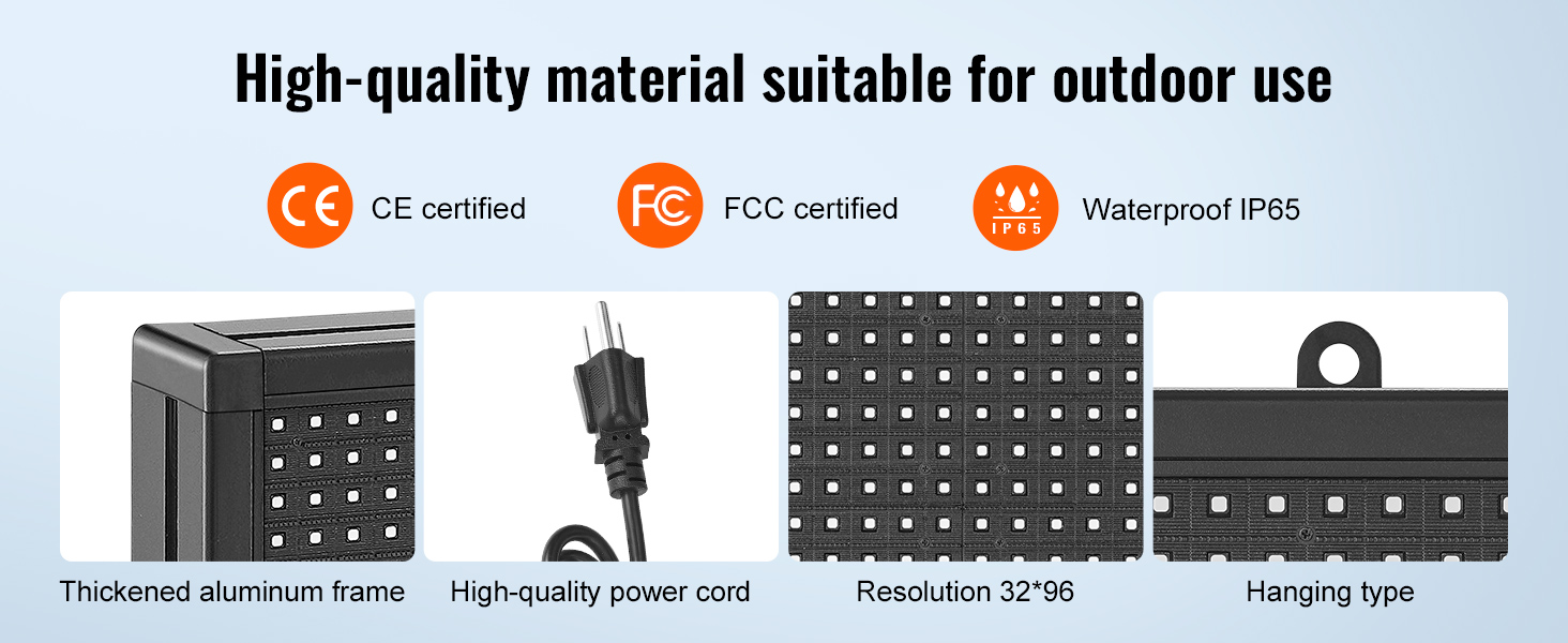 high-quality VEVOR programmable led sign with aluminum frame, power cord, 32*96 resolution, ip65 waterproof.