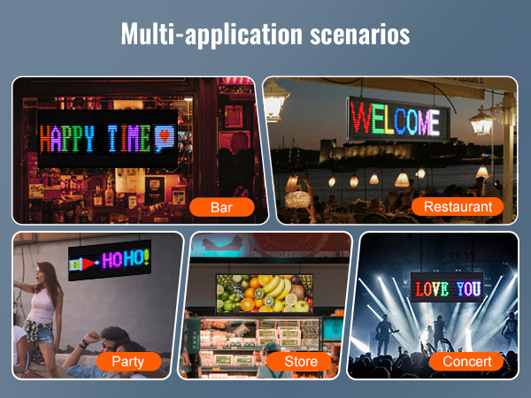 VEVOR programmable led sign showcasing multi-application scenarios in bars, restaurants, parties, stores, and concerts.