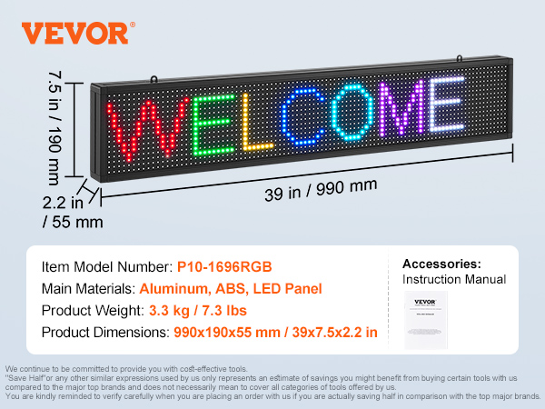 VEVOR programmable led sign with colorful "welcome" text, dimensions, weight, and materials.