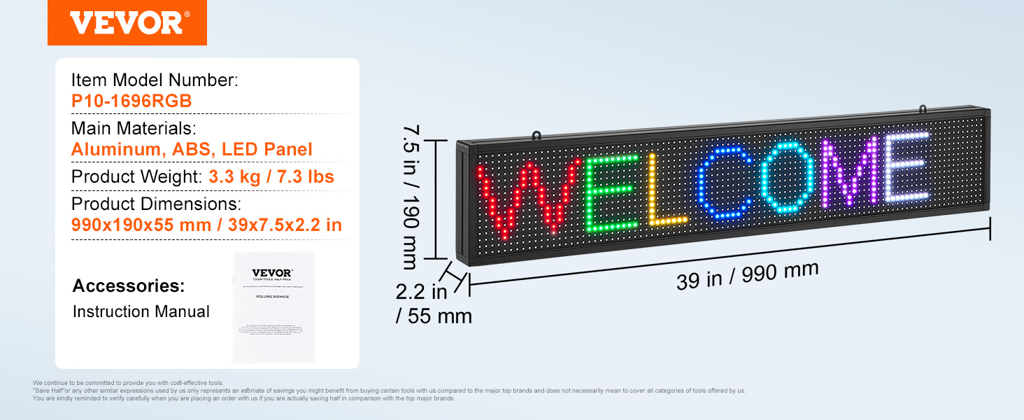 VEVOR programmable led sign with colorful "welcome" text, dimensions, weight, and materials.