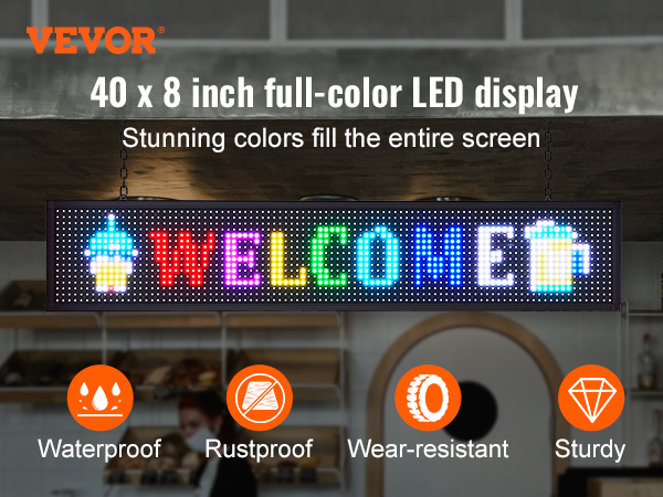 VEVOR programmable led sign 40 x 8 inch, full-color display with "welcome" message, waterproof, rustproof.