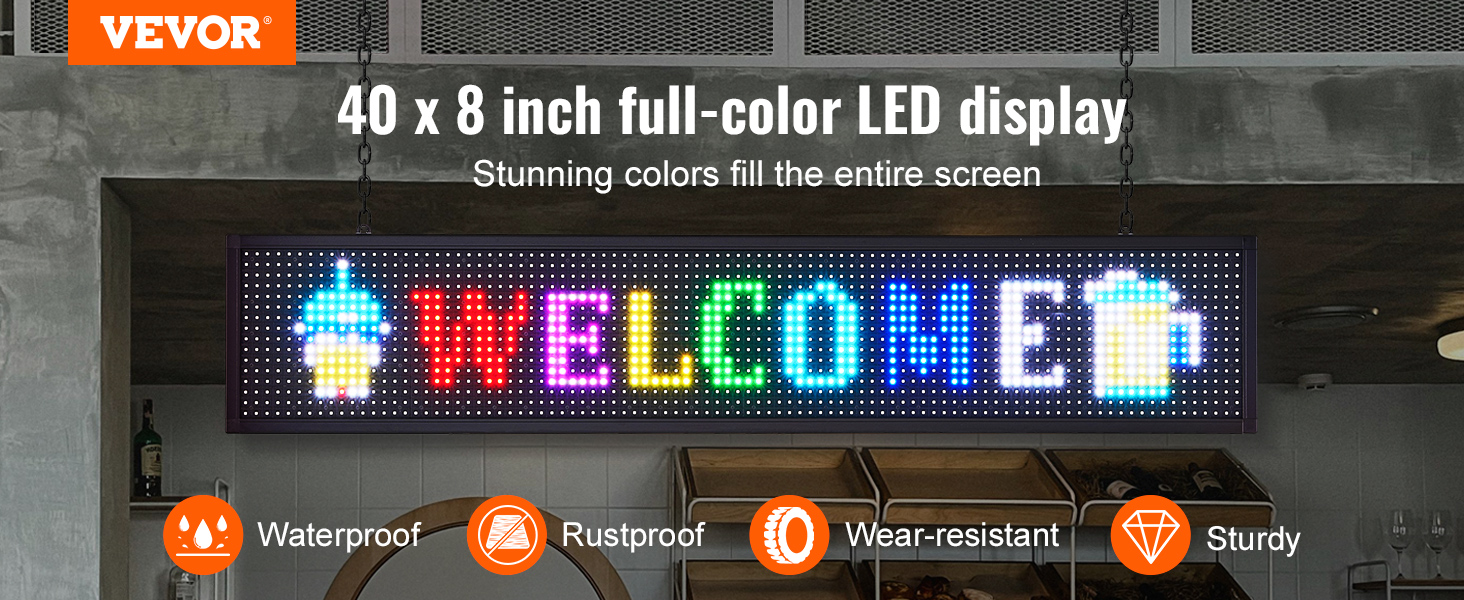 VEVOR programmable led sign 40 x 8 inch, full-color display with "welcome" message, waterproof, rustproof.
