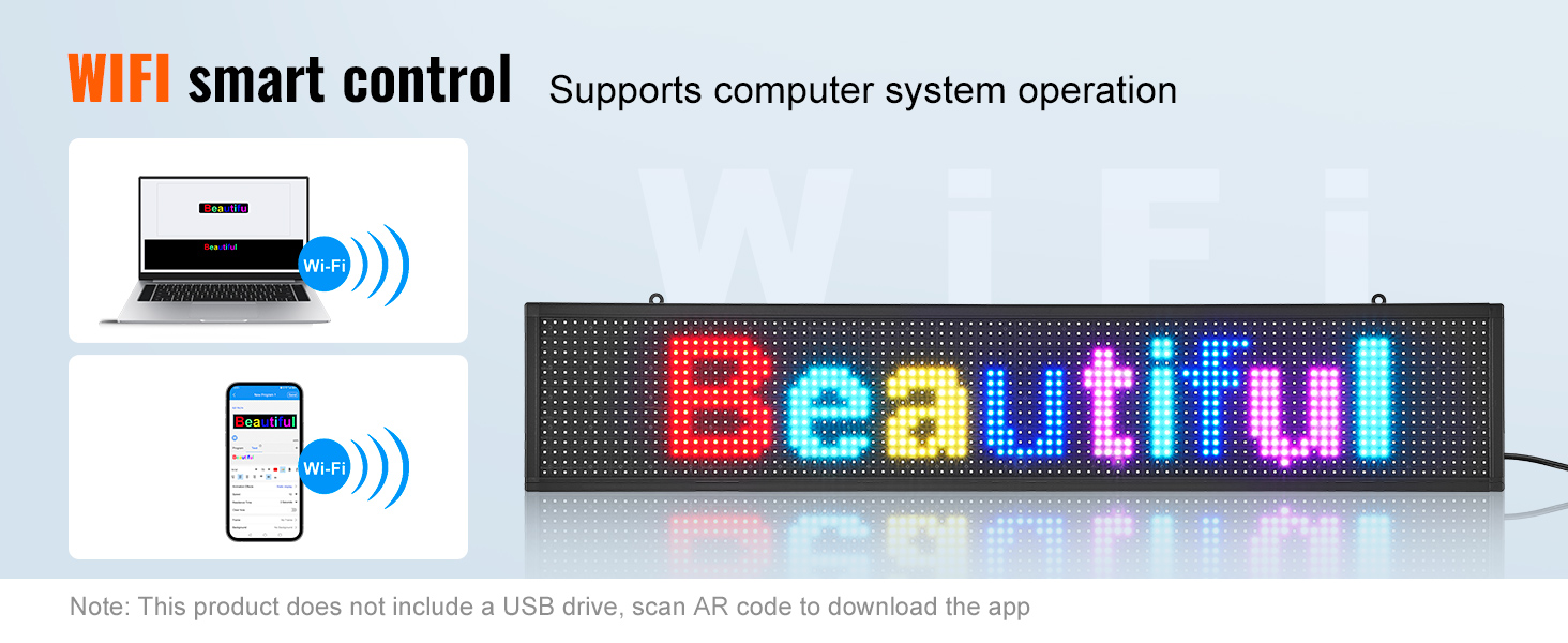 VEVOR programmable led sign displaying "beautiful" with wifi smart control for computers and smartphones.