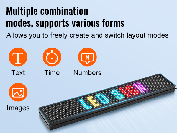 VEVOR programmable led sign with multiple display modes: text, time, images, and numbers.