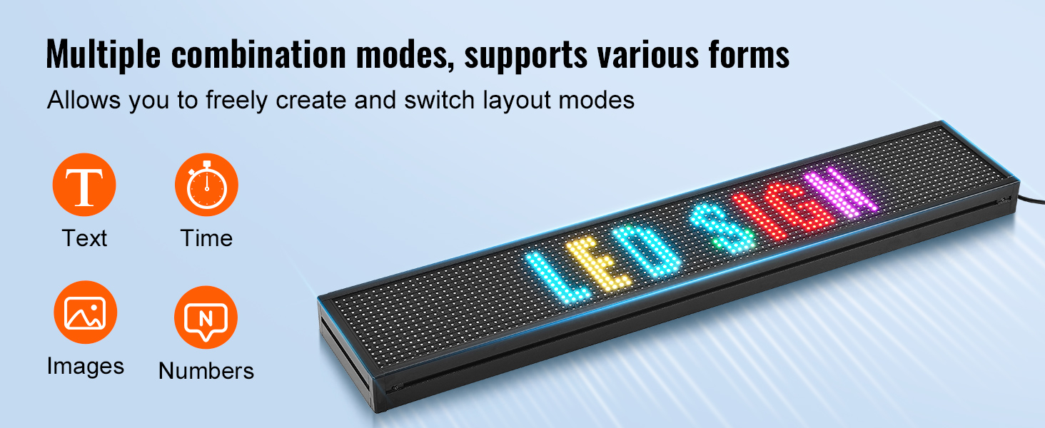 VEVOR programmable led sign with multiple display modes: text, time, images, and numbers.